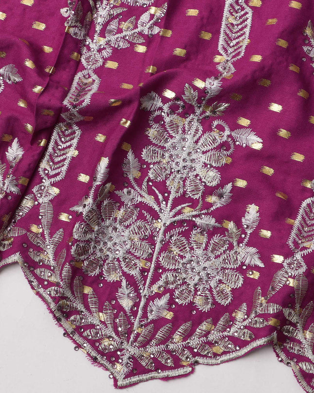Magenta Cotton Fabric with Silver Foil Buti, White Floral Embroidery and Ornate Scalloped Border, 140 Cms Width, Made in India – 3 Meters Piece-D23675 - Regal Fabrics