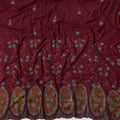 Maroon Cotton Fabric with Grey Floral Embroidery & Olive Appliqué Border, 140 Cms Width, Made in India – 3 Meters Piece-D23676 - Regal Fabrics