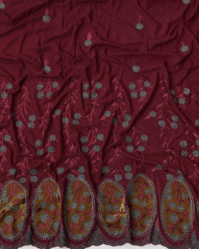 Maroon Cotton Fabric with Grey Floral Embroidery & Olive Appliqué Border, 140 Cms Width, Made in India – 3 Meters Piece-D23676 - Regal Fabrics