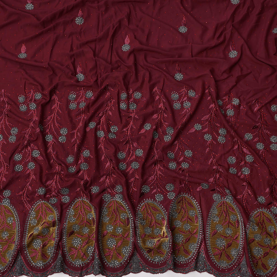 Maroon Cotton Fabric with Grey Floral Embroidery & Olive Appliqué Border, 140 Cms Width, Made in India – 3 Meters Piece-D23676 - Regal Fabrics