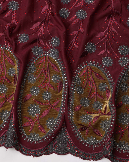 Maroon Cotton Fabric with Grey Floral Embroidery & Olive Appliqué Border, 140 Cms Width, Made in India – 3 Meters Piece-D23676 - Regal Fabrics