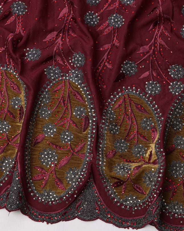 Maroon Cotton Fabric with Grey Floral Embroidery & Olive Appliqué Border, 140 Cms Width, Made in India – 3 Meters Piece-D23676 - Regal Fabrics