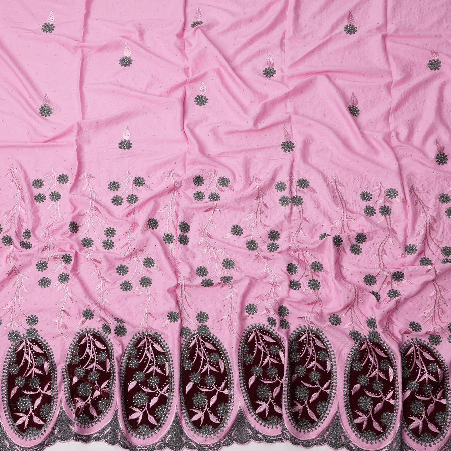 Pink Cotton Fabric with Grey Floral Embroidery & Maroon Oval Appliqué Border, 140 Cms Width, Made in India – 3 Meters Piece-D23677 - Regal Fabrics