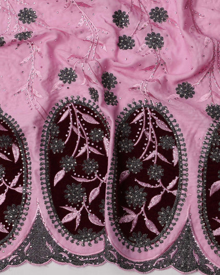 Pink Cotton Fabric with Grey Floral Embroidery & Maroon Oval Appliqué Border, 140 Cms Width, Made in India – 3 Meters Piece-D23677 - Regal Fabrics