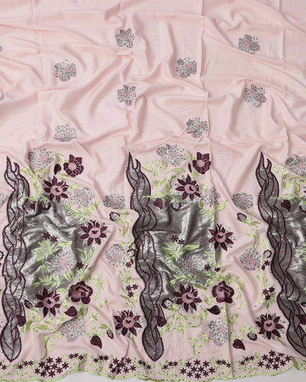 Light Pink Cotton Fabric with Metallic Silver Panels & Floral Embroidery, 140 Cms Width, Made in India – 3 Meters Piece-D23678