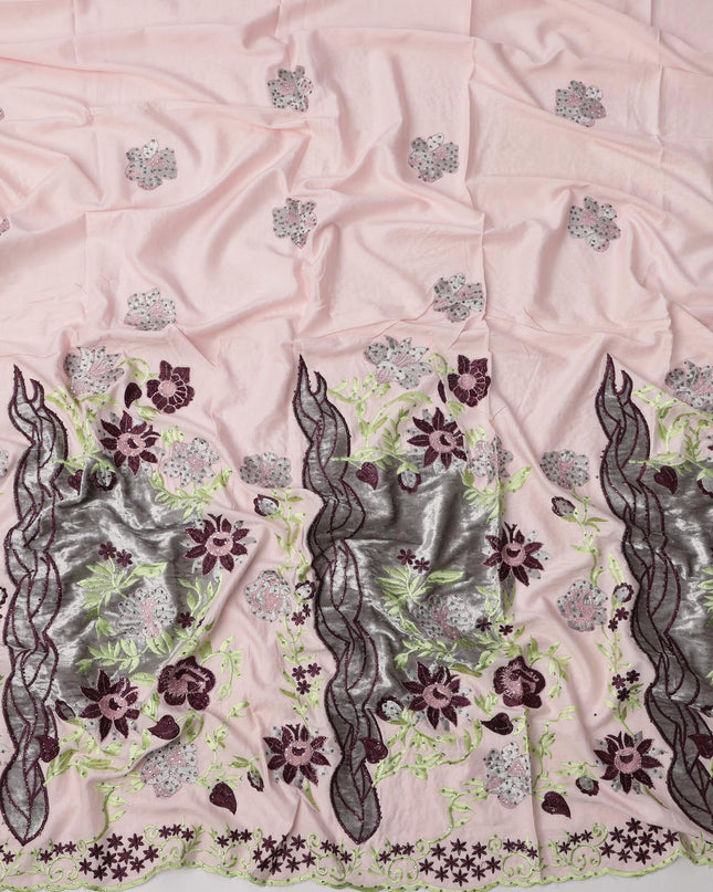 Light Pink Cotton Fabric with Metallic Silver Panels & Floral Embroidery, 140 Cms Width, Made in India – 3 Meters Piece-D23678