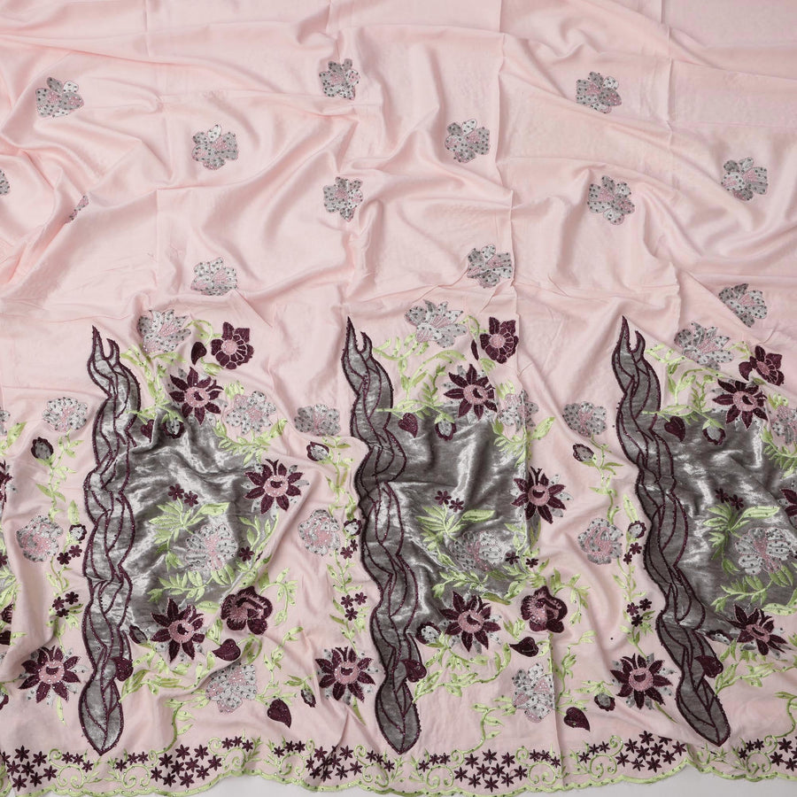 Light Pink Cotton Fabric with Metallic Silver Panels & Floral Embroidery, 140 Cms Width, Made in India – 3 Meters Piece-D23678
