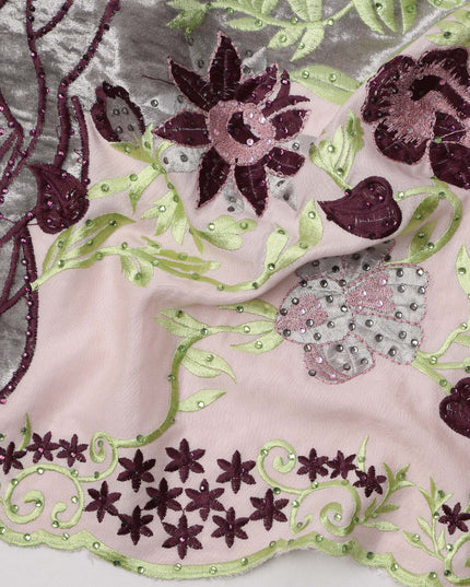 Light Pink Cotton Fabric with Metallic Silver Panels & Floral Embroidery, 140 Cms Width, Made in India – 3 Meters Piece-D23678