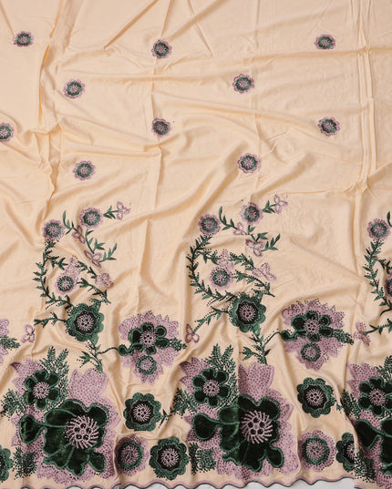 Black Cotton Fabric with Yellow Floral Print and Heavy Embroidery Work, 140 cms, India, 3 Meters Piece-D23679