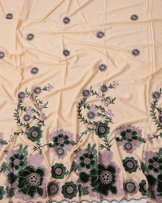 Black Cotton Fabric with Yellow Floral Print and Heavy Embroidery Work, 140 cms, India, 3 Meters Piece-D23679