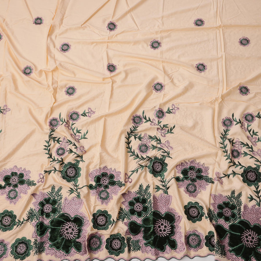 Black Cotton Fabric with Yellow Floral Print and Heavy Embroidery Work, 140 cms, India, 3 Meters Piece-D23679