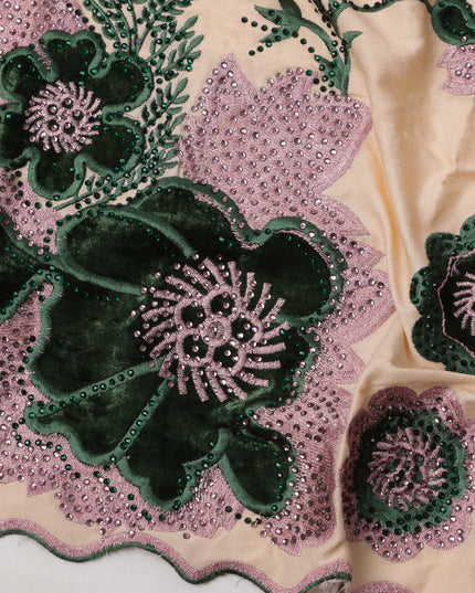 Black Cotton Fabric with Yellow Floral Print and Heavy Embroidery Work, 140 cms, India, 3 Meters Piece-D23679