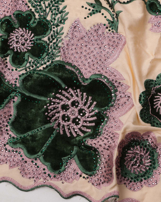 Black Cotton Fabric with Yellow Floral Print and Heavy Embroidery Work, 140 cms, India, 3 Meters Piece-D23679