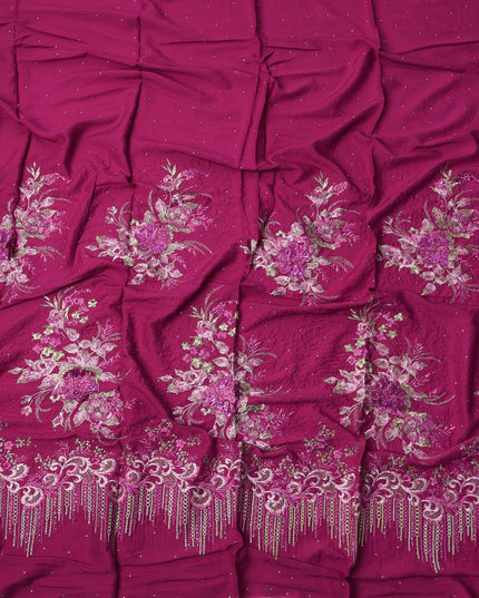 Magenta Fabric with Heavy Floral Embroidery and Beaded Tassel Border, Printed Cotton, 140 Cms, Made in India – 3 Meters Piece-D23681