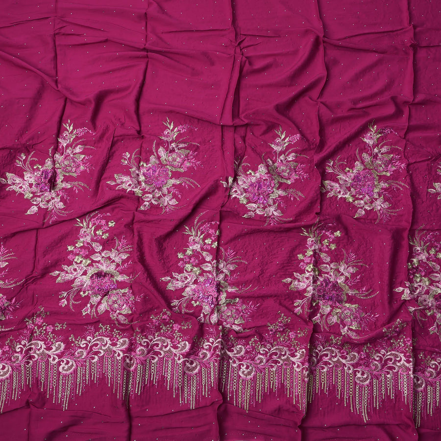Magenta Fabric with Heavy Floral Embroidery and Beaded Tassel Border, Printed Cotton, 140 Cms, Made in India – 3 Meters Piece-D23681