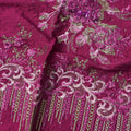 Magenta Fabric with Heavy Floral Embroidery and Beaded Tassel Border, Printed Cotton, 140 Cms, Made in India – 3 Meters Piece-D23681
