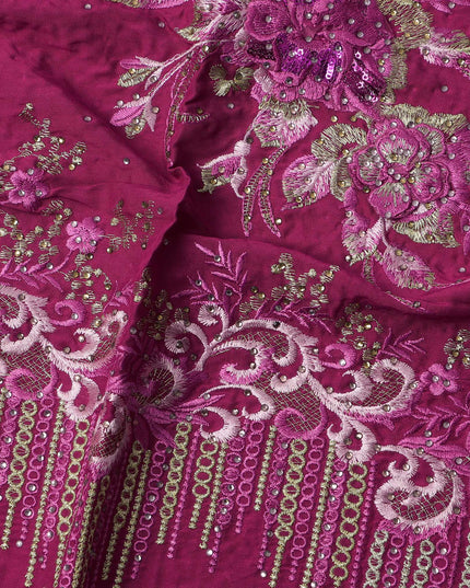 Magenta Fabric with Heavy Floral Embroidery and Beaded Tassel Border, Printed Cotton, 140 Cms, Made in India – 3 Meters Piece-D23681