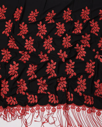 Black Fabric with Red Floral Embroidery and Tassel Detailing, Printed Cotton, 140 Cms, Made in India – 3 Meters Piece-D23682