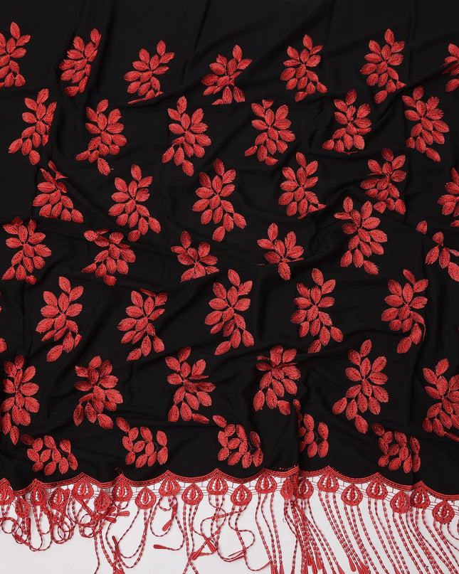 Black Fabric with Red Floral Embroidery and Tassel Detailing, Printed Cotton, 140 Cms, Made in India – 3 Meters Piece-D23682