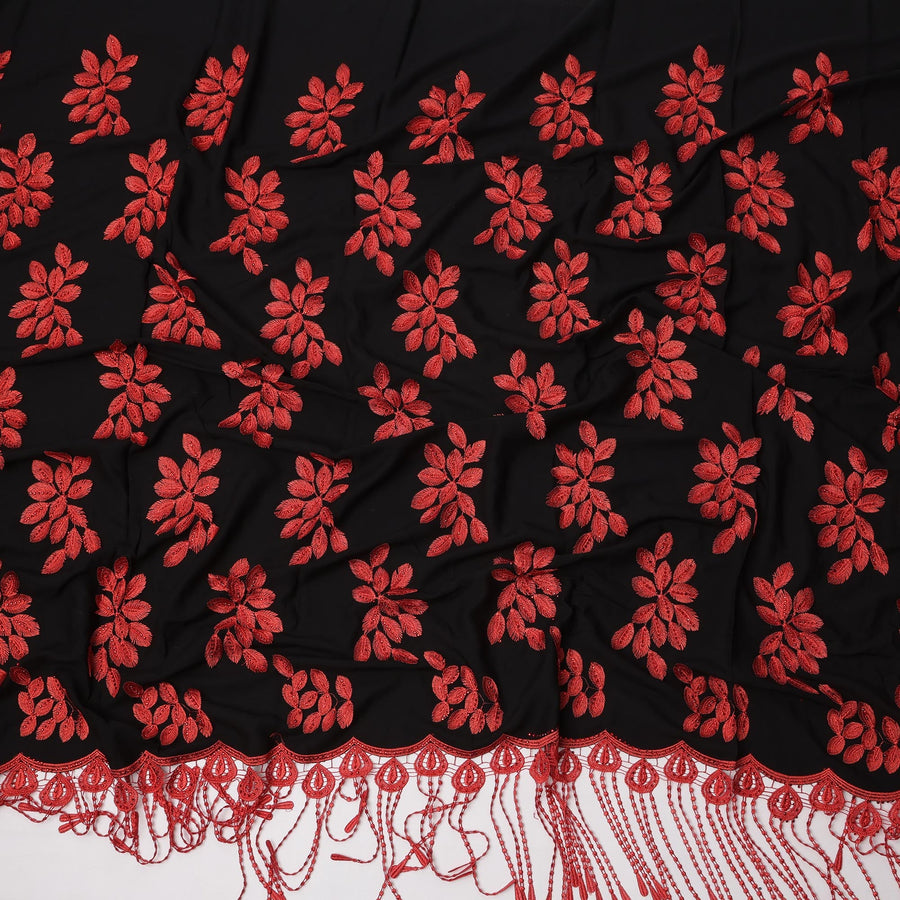 Black Fabric with Red Floral Embroidery and Tassel Detailing, Printed Cotton, 140 Cms, Made in India – 3 Meters Piece-D23682