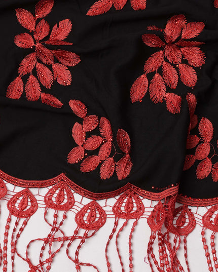 Black Fabric with Red Floral Embroidery and Tassel Detailing, Printed Cotton, 140 Cms, Made in India – 3 Meters Piece-D23682
