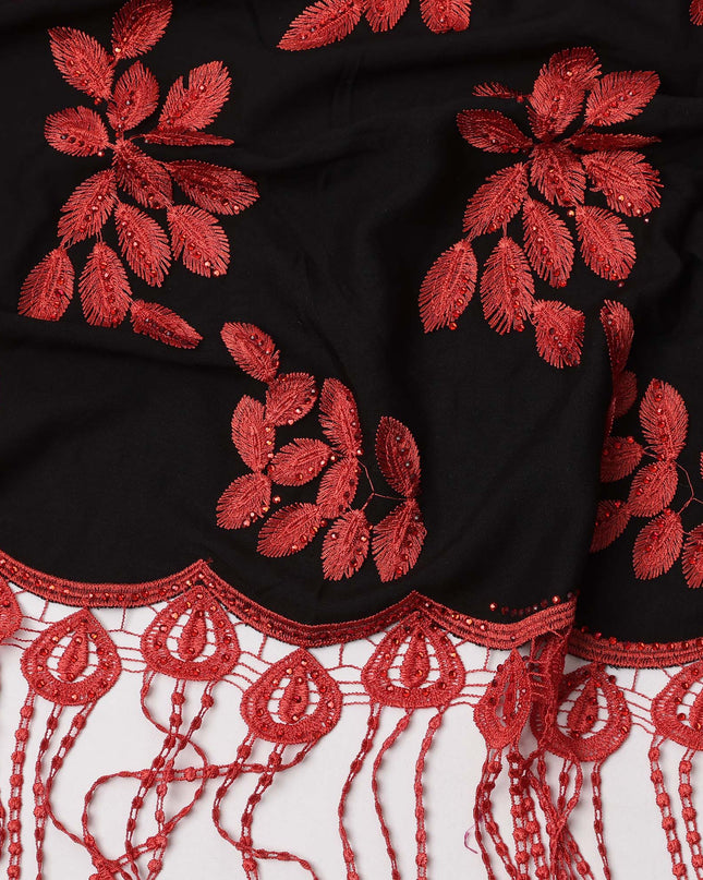 Black Fabric with Red Floral Embroidery and Tassel Detailing, Printed Cotton, 140 Cms, Made in India – 3 Meters Piece-D23682