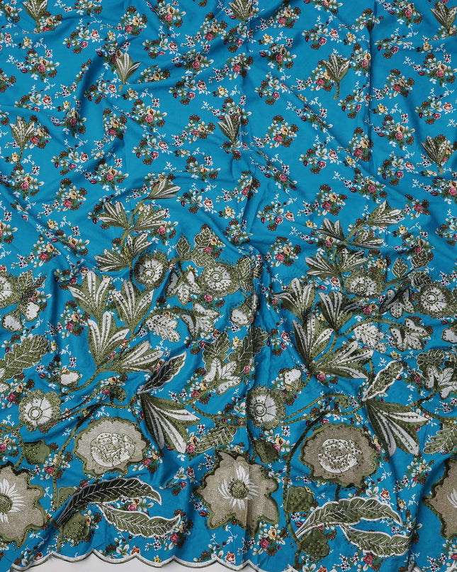 Sky Blue Cotton Fabric with Green Embroidered Floral Border and Delicate Multicolor Floral Print, 3 Meters Piece, 140 Cms Width, Made in India-D23683 - Regal Fabrics