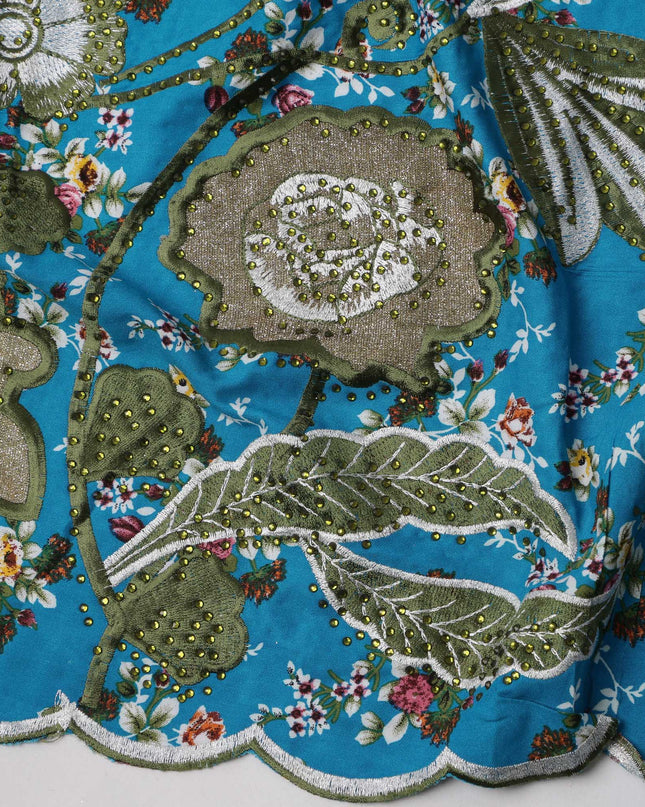 Sky Blue Cotton Fabric with Green Embroidered Floral Border and Delicate Multicolor Floral Print, 3 Meters Piece, 140 Cms Width, Made in India-D23683 - Regal Fabrics