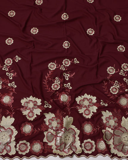 Maroon Fabric with Bold Metallic Floral Embroidery and Scalloped Border, Printed Cotton, 140 Cms Width, Made in India – 3 Meters Piece-D23684 - Regal Fabrics