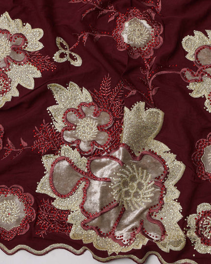 Maroon Fabric with Bold Metallic Floral Embroidery and Scalloped Border, Printed Cotton, 140 Cms Width, Made in India – 3 Meters Piece-D23684 - Regal Fabrics