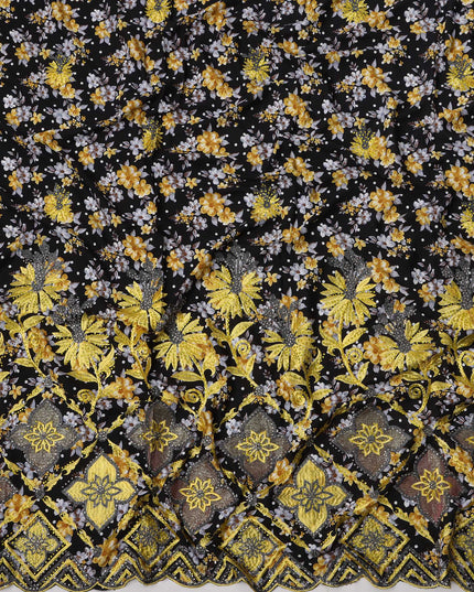 Black Floral Printed and Heavy Embroidered Cotton Fabric with Multicolor Motifs, 140 cms, India, 3 Meters Piece-D23685
