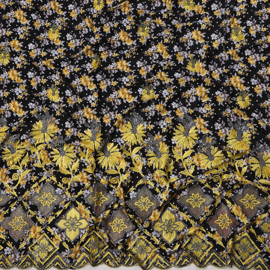 Black Floral Printed and Heavy Embroidered Cotton Fabric with Multicolor Motifs, 140 cms, India, 3 Meters Piece-D23685