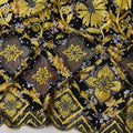 Black Floral Printed and Heavy Embroidered Cotton Fabric with Multicolor Motifs, 140 cms, India, 3 Meters Piece-D23685