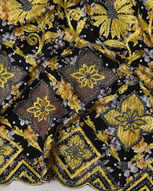 Black Floral Printed and Heavy Embroidered Cotton Fabric with Multicolor Motifs, 140 cms, India, 3 Meters Piece-D23685