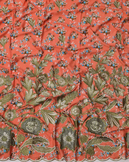 Rust Orange Cotton Fabric with Tiny Floral Print, Olive Green Thread Embroidery and Botanical Scalloped Border, 140 Cms Width, Made in India – 3 Meters Piece-D23686 - Regal Fabrics