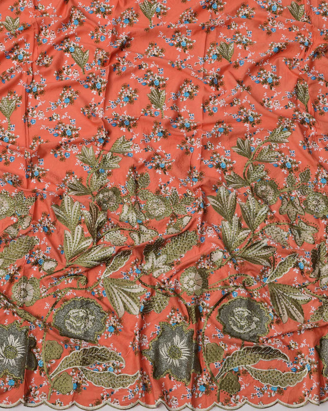 Rust Orange Cotton Fabric with Tiny Floral Print, Olive Green Thread Embroidery and Botanical Scalloped Border, 140 Cms Width, Made in India – 3 Meters Piece-D23686 - Regal Fabrics