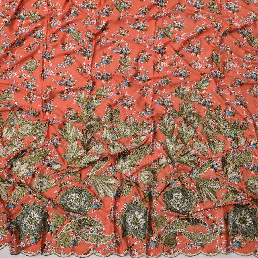 Rust Orange Cotton Fabric with Tiny Floral Print, Olive Green Thread Embroidery and Botanical Scalloped Border, 140 Cms Width, Made in India – 3 Meters Piece-D23686 - Regal Fabrics
