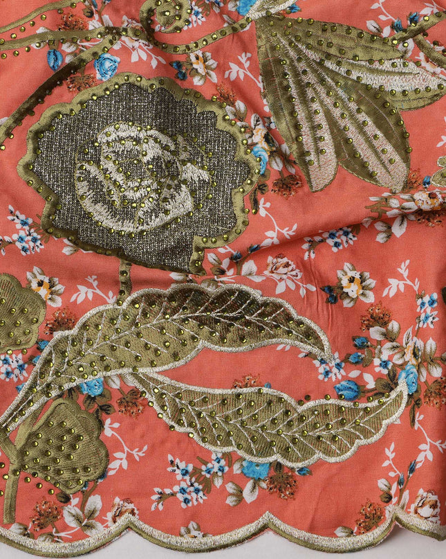Rust Orange Cotton Fabric with Tiny Floral Print, Olive Green Thread Embroidery and Botanical Scalloped Border, 140 Cms Width, Made in India – 3 Meters Piece-D23686 - Regal Fabrics