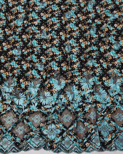 Black Cotton Fabric with Blue and Beige Floral Print, Turquoise Embroidery and Diamond Motif Scalloped Border, 140 Cms Width, Made in India – 3 Meters Piece-D23687