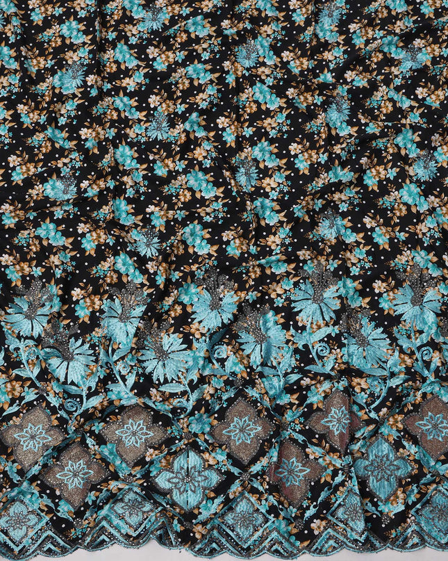Black Cotton Fabric with Blue and Beige Floral Print, Turquoise Embroidery and Diamond Motif Scalloped Border, 140 Cms Width, Made in India – 3 Meters Piece-D23687