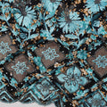 Black Cotton Fabric with Blue and Beige Floral Print, Turquoise Embroidery and Diamond Motif Scalloped Border, 140 Cms Width, Made in India – 3 Meters Piece-D23687