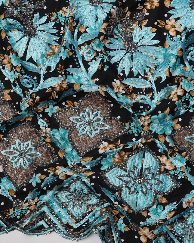 Black Cotton Fabric with Blue and Beige Floral Print, Turquoise Embroidery and Diamond Motif Scalloped Border, 140 Cms Width, Made in India – 3 Meters Piece-D23687