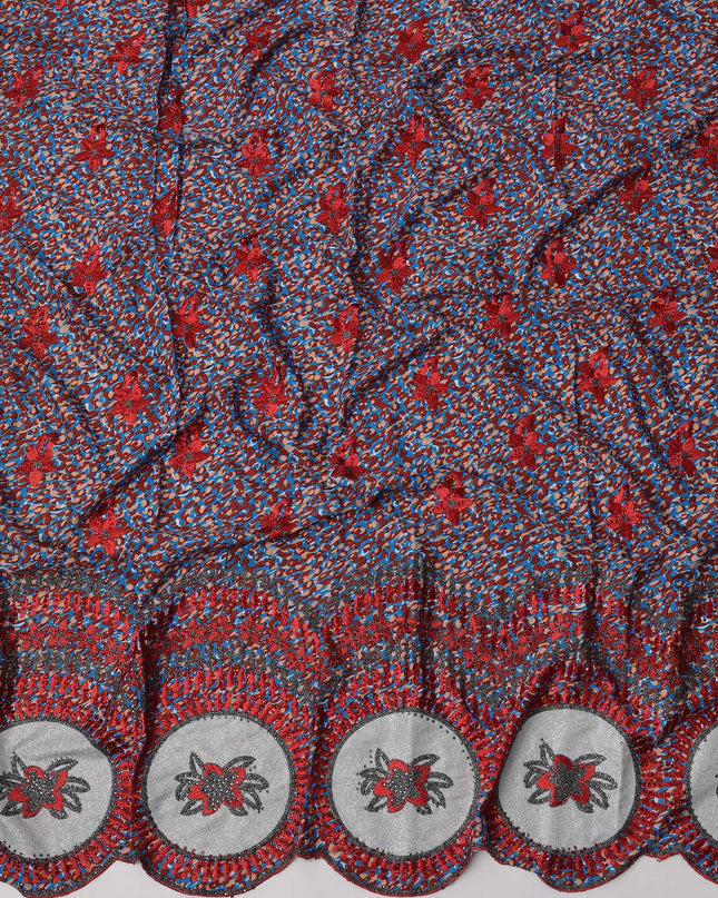 Multicolor Abstract Print with Red Floral Embroidery Cotton Fabric with Decorative Circular Border, 140 Cms Width, Made in India – 3 Meters Piece-D23689 - Regal Fabrics