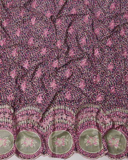Purple Base Cotton Fabric with Multicolor Abstract Print, Pink Floral Embroidery and Olive Circular Border Design, 140 Cms Width, Made in India – 3 Meters Piece-D23690 - Regal Fabrics