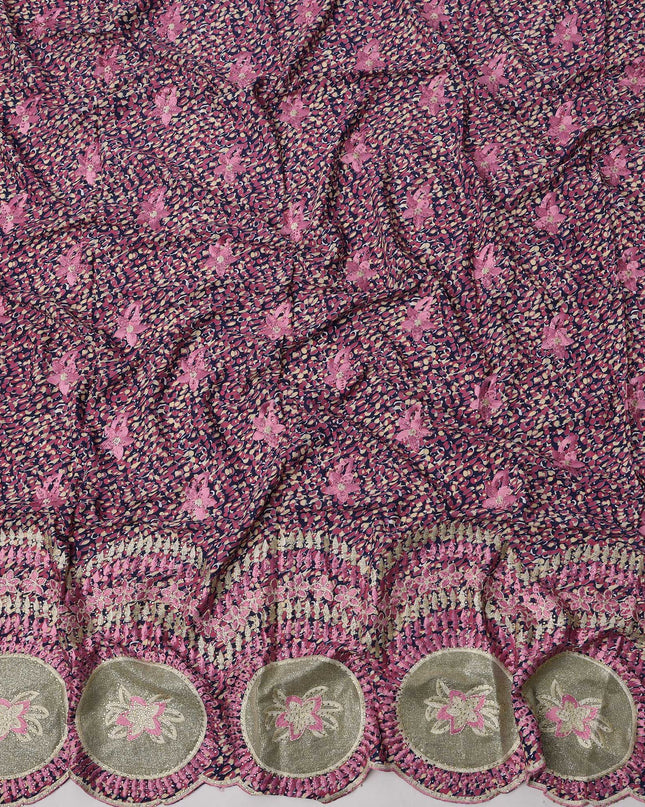 Purple Base Cotton Fabric with Multicolor Abstract Print, Pink Floral Embroidery and Olive Circular Border Design, 140 Cms Width, Made in India – 3 Meters Piece-D23690 - Regal Fabrics