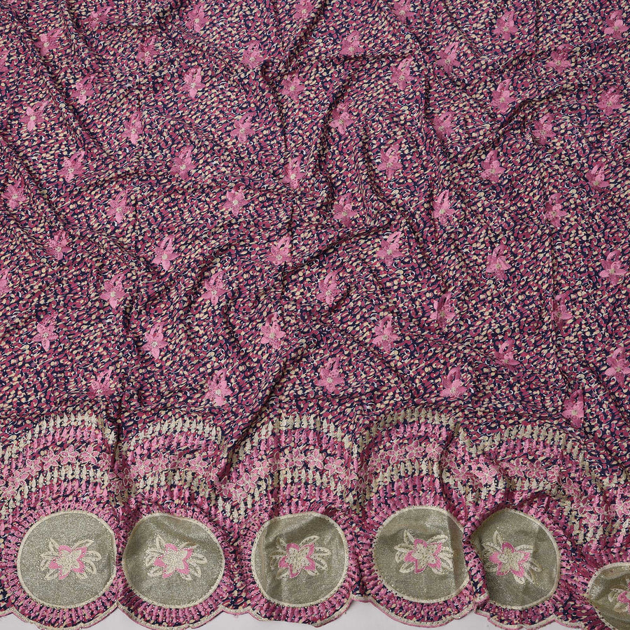 Purple Base Cotton Fabric with Multicolor Abstract Print, Pink Floral Embroidery and Olive Circular Border Design, 140 Cms Width, Made in India – 3 Meters Piece-D23690 - Regal Fabrics