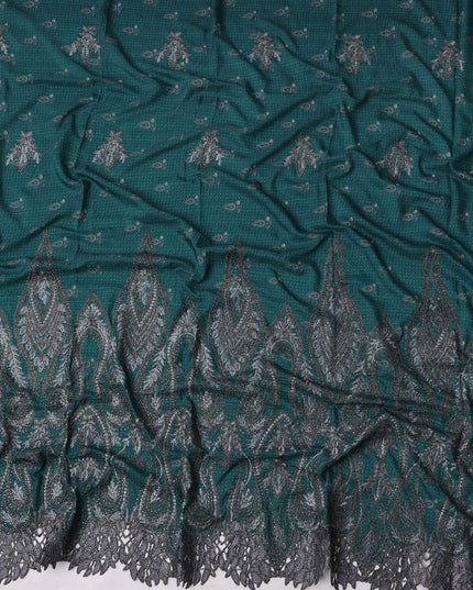 Dark Teal Cotton Fabric with Small Motifs and Heavy Black Paisley Embroidered Border, 140 Cms Width, Made in India – 3 Meters Piece-D23691 - Regal Fabrics