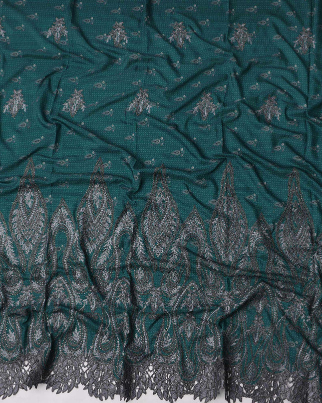 Dark Teal Cotton Fabric with Small Motifs and Heavy Black Paisley Embroidered Border, 140 Cms Width, Made in India – 3 Meters Piece-D23691 - Regal Fabrics