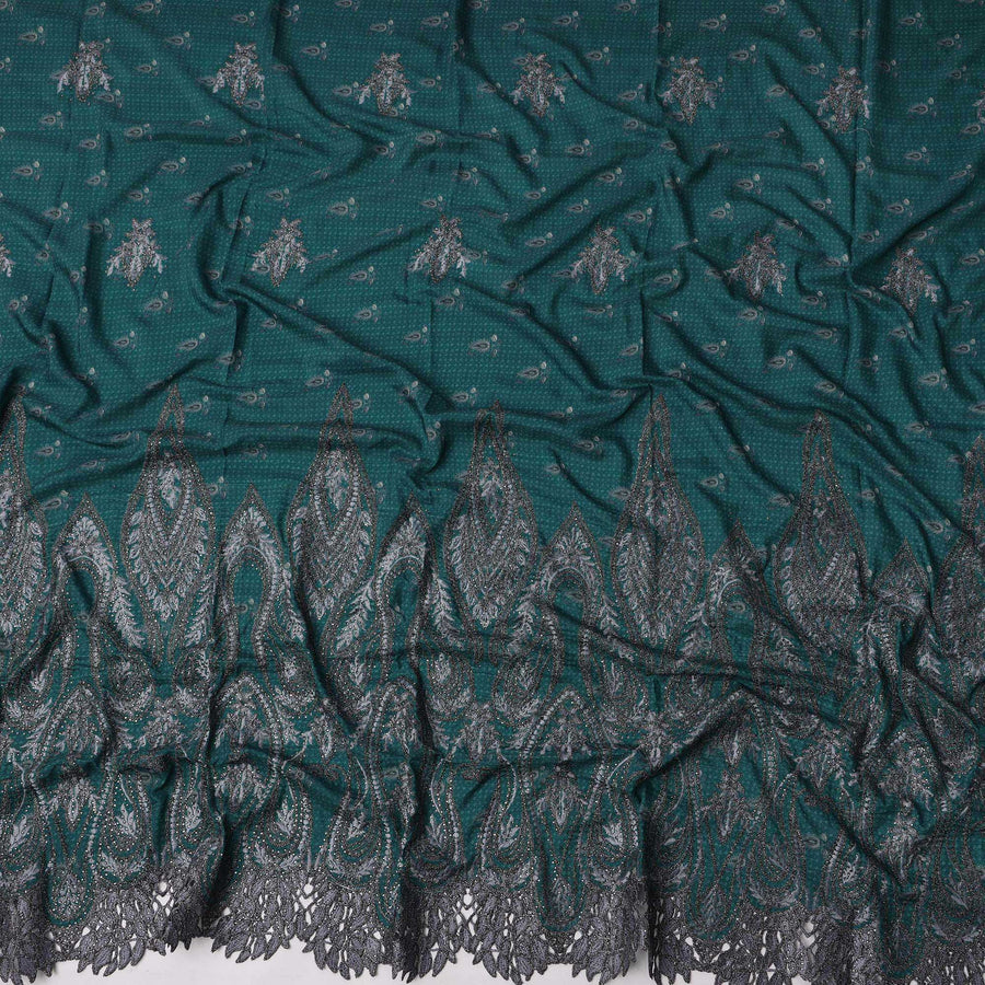 Dark Teal Cotton Fabric with Small Motifs and Heavy Black Paisley Embroidered Border, 140 Cms Width, Made in India – 3 Meters Piece-D23691 - Regal Fabrics