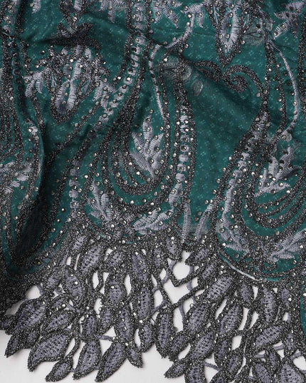 Dark Teal Cotton Fabric with Small Motifs and Heavy Black Paisley Embroidered Border, 140 Cms Width, Made in India – 3 Meters Piece-D23691 - Regal Fabrics